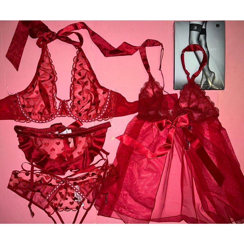 Victoria's Secret high-neck XL 38D BRA SET+garter+BABYDOLL RED HEART embroidered